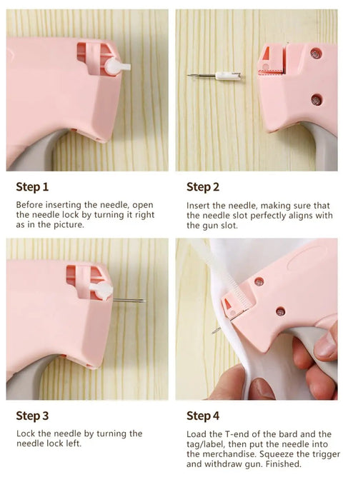 Step-by-step guide showing parts of the No Sweat Heavy Duty Handheld Sewing Gun Quick Clothing Repair Tool Featuring Pink Grip.