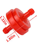 Red inline gas fuel filter for lawn mower, showing dimensions, for 1/4 inch ID lines, 150 micron element, 10 pack