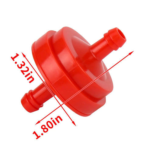 Red inline gas fuel filter for lawn mower, showing dimensions, for 1/4 inch ID lines, 150 micron element, 10 pack