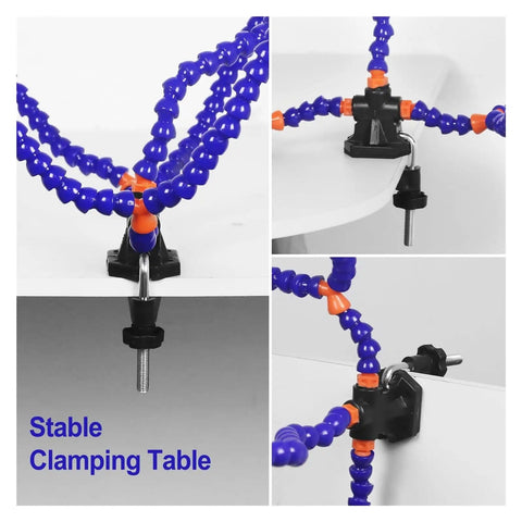 Third Hand Soldering Table Clamp with 3X Magnifier and Five to Six Arms Flexible Gooseneck Helping Hands clamped on table edge