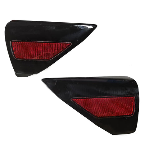 No Sweat Drop In Pair Of Red Rear Bumper Reflectors Covers For Tesla Model 3 And 2019 Plus Fits Model Y 2017 To 2020 showing left and right sides.