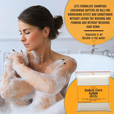 Premium Sodium Coco Sulfate SCS Fine Granules Anionic Foaming Surfactant For DIY Friendly Homemade Solid Shampoo Bars And Foamy Body Soap Hair Care With Bubbly Lather 600 g 21.17 oz, woman washing in bath
