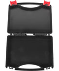 Open view of Portable Plastic Toolbox With Grip Handle, Heavy Duty Hard Shell Organizer For Mechanics, black interior.