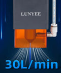 Front view of air assist pump kit for laser cutter, 30 L/min, gray housing with orange nozzle, LUNYEE