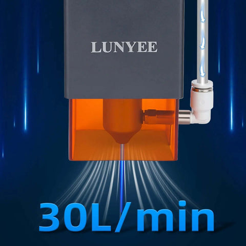 Front view of air assist pump kit for laser cutter, 30 L/min, gray housing with orange nozzle, LUNYEE