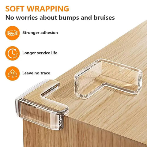 Ten Pack Super Soft Baby Corner Protectors Foolproof Furniture Edge Guards on wooden table, clear vinyl material for safety.