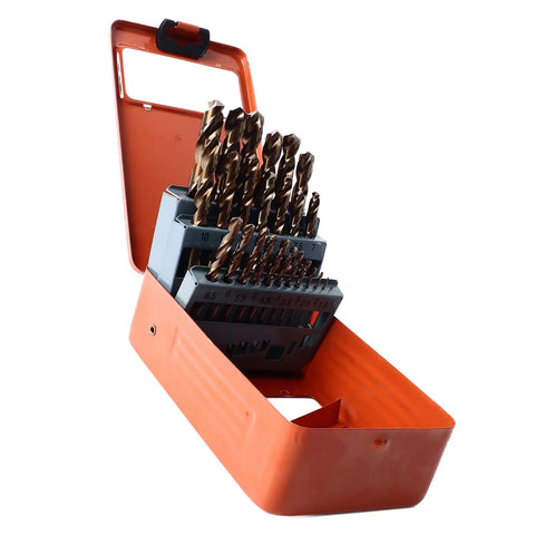 Built Tough As Nails Premium 25 Piece Cobalt Hss Drill Bit Kit with orange case, showcasing various sizes for steel and wood work.
