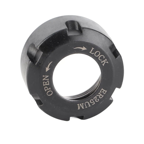 Heavy Duty ER25 Collet Nut With Dynamic Balancing For CNC Lathe And Milling Machines M32X1.5 Thread black steel design with locking indication.
