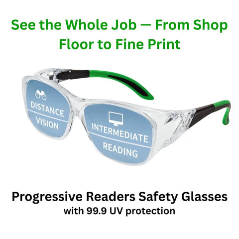 Safety Glasses With Readers Plus 3.00 Magnification, UV Protection, ANSI Z87 High Impact Lenses, displayed with focus on design.