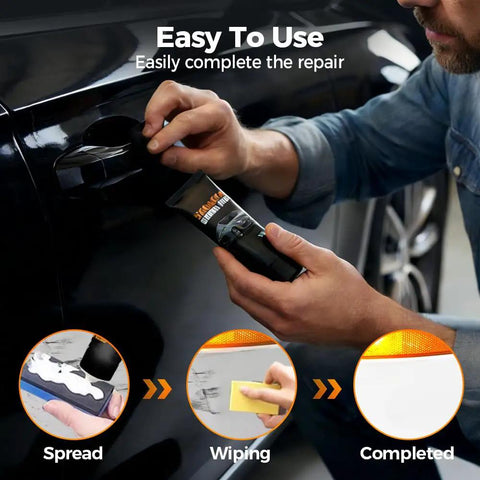 Person applying Car Scratch Repair Kit With Deep Scratch Remover Polish Wax And Wipe Sponge For Vehicles to car door