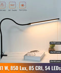 Lit LED Desk Lamp With Clamp, Tall Gooseneck Clip On Light, 11W 850 Lumens illuminating a desk with a book, USB powered