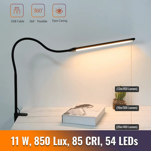 Lit LED Desk Lamp With Clamp, Tall Gooseneck Clip On Light, 11W 850 Lumens illuminating a desk with a book, USB powered