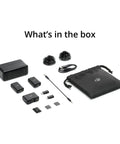 Wireless Lavalier Microphone System With Two Transmitters And One Receiver In Charging Case shown with accessories in box
