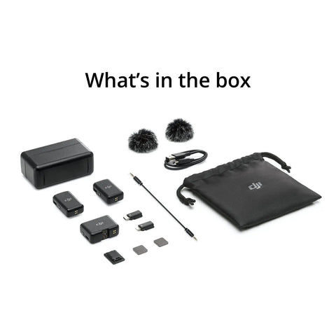 Wireless Lavalier Microphone System With Two Transmitters And One Receiver In Charging Case shown with accessories in box