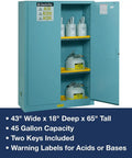 Heavy Duty Acid Corrosive Storage Cabinet Built Tough For Lab Techs Built To Last With Rock Solid Chemical Shield Panels And FM Approved Fire Safety Setup For Industrial Workspace Organization with three shelves and warning labels.