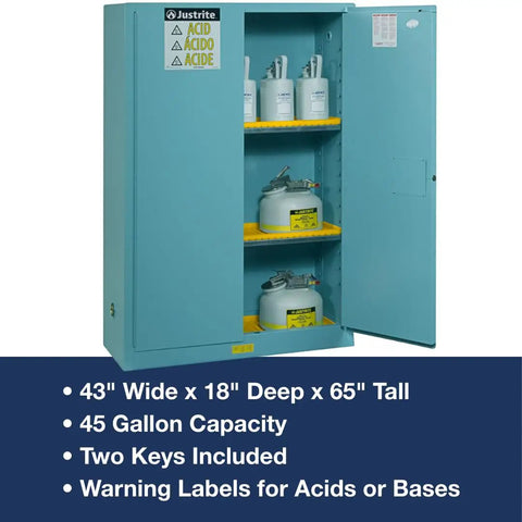 Heavy Duty Acid Corrosive Storage Cabinet Built Tough For Lab Techs Built To Last With Rock Solid Chemical Shield Panels And FM Approved Fire Safety Setup For Industrial Workspace Organization with three shelves and warning labels.