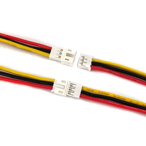 Close-up of 10 Pairs 3 Pin PH 2.0mm Connector Plug Kit With 10cm 22 AWG Soft Silicone Wire For LED Light Strips, red, black, yellow wires.