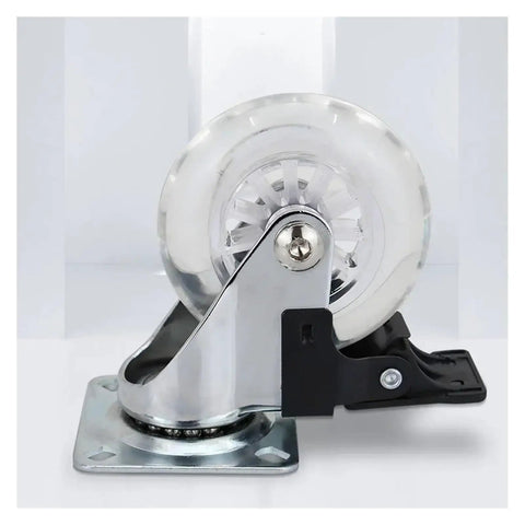 Close-up of a clear swivel caster wheel with brake, part of a set of 4 for furniture, 3 inch, heavy duty, 800 lb load capacity.