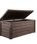Open Beefy 150 Gallon Resin Outdoor Deck Box For Patio Storage And Organization Weatherproof Garden Tools Cushions And Pool Floats Safe Sturdy Storage Bench That Seats Two In Brown
