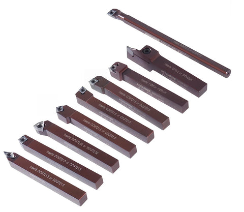 Accusize 3/8 in shank 9-piece indexable carbide turning tool and boring bar set with 10 extra inserts for aluminum
