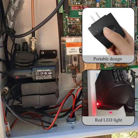 Universal AC To DC Power Converter Adapter in electrical box with red LED, compact design for wall outlet to car socket conversion.