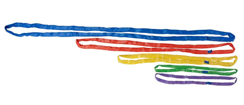 Colorful nylon round slings including Endless Round Sling 12 Foot Red With Hook Combo 13,200 Lbs WLL, for industrial applications.