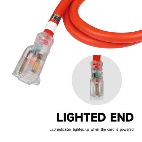 25 Foot Lighted Outdoor Extension Cord With Beefy 10/3 SJTW Heavy Duty Orange Cable, LED End Indicator close-up