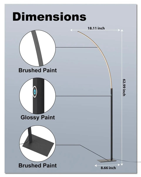 Arc Corner Floor Lamp With Curved LED Design And Touch Dimmer 3000K Warm White Glow Three Brightness Presets dimensions diagram