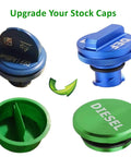 Magnetic Diesel Fuel Cap And DEF Cap Aluminum Combo Pack For Ram 1500 2500 3500 Trucks 2013 2019, green and blue caps