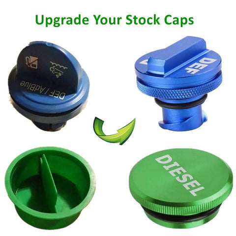 Magnetic Diesel Fuel Cap And DEF Cap Aluminum Combo Pack For Ram 1500 2500 3500 Trucks 2013 2019, green and blue caps