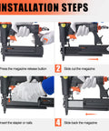Installation steps for the 2 In 1 Pneumatic Brad Nailer and Staple Gun for carpentry drives 18 gauge brad nails.
