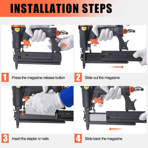 Installation steps for the 2 In 1 Pneumatic Brad Nailer and Staple Gun for carpentry drives 18 gauge brad nails.