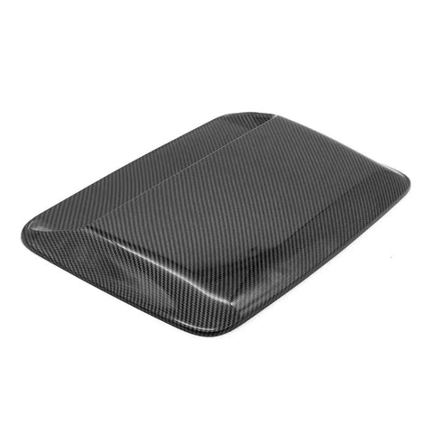 Kickass Faux Hood Vent Scoop For Tesla Cybertruck featuring high gloss carbon fiber trim, angled view highlighting texture.
