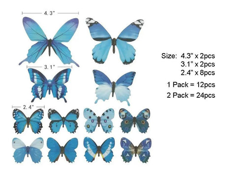Blue 3D Butterfly Wall Decals Set, 24 Removable Mural Stickers for Home and Room Decor, sizes 4.3, 3.1, 2.4 inches