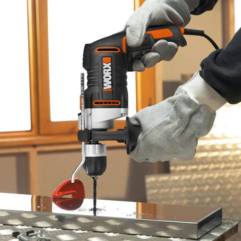 Knockout Impact Drill Packing 810 Watts And A Beefy 13 Mm Chuck Featuring Variable Speed Control in action drilling metal.
