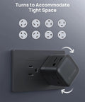 Three Outlet Power Extender With Two USB Chargers For Travel And Home Office, Easy Access Sideways Plug Adapter shown rotating.