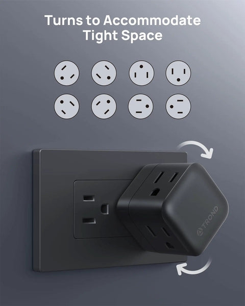 Three Outlet Power Extender With Two USB Chargers For Travel And Home Office, Easy Access Sideways Plug Adapter shown rotating.