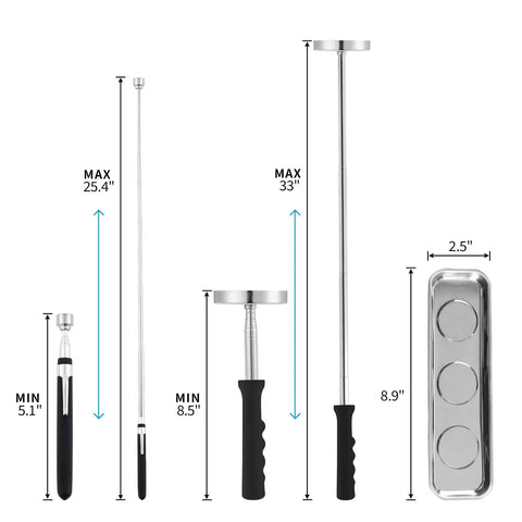 Telescoping Magnetic Sweeper Set With 35 Lb Magnet 3.5 Lb Magnetic Pick Up Tool Rectangle Magnetic Bowl Tray dimensions shown