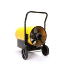 Portable Electric Salamander Heater 45kW 480V 3Phase With Thermostat, yellow torpedo style on wheels for jobsite heating.