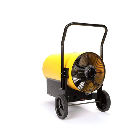 Portable Electric Salamander Heater 45kW 480V 3Phase With Thermostat, yellow torpedo style on wheels for jobsite heating.