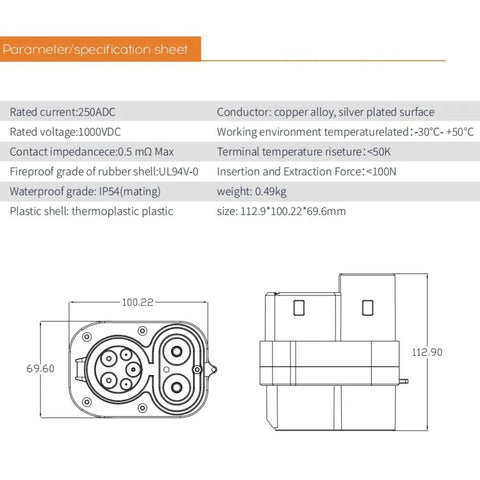 Heavy Duty CCS1 to CCS2 EV Charger Adapter DC Fast Charging Connector specifications sheet showing dimensions and materials.