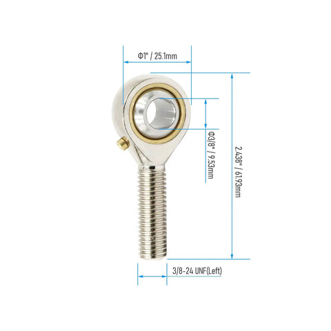 Solid Forge Spherical Rod End Bearing 3/8 Bore Left Hand Male Thread Joint Kit, 25.1mm diameter, sturdy metal design.