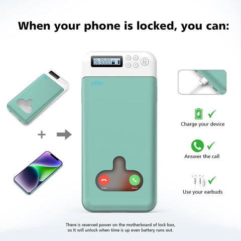 Portable Timed Phone Lock Box for Digital Detox and Study Grind with Chill Out Self Control Timer Secure Stash for iPhones and Android Devices Helps Tune Out Screen Time Distractions Green with display and features shown.