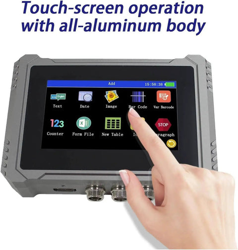 Smooth Operator Inline Industrial Inkjet Printer With Smart Touch Panel automated interface showing various printing options.