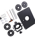 Industrial Grade Aluminum Router Lift System Featuring Fine Micro Adjustment Controls And Rock Solid Base Platform components layout including base plate and rings.