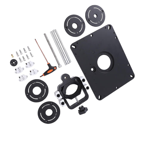 Industrial Grade Aluminum Router Lift System Featuring Fine Micro Adjustment Controls And Rock Solid Base Platform components layout including base plate and rings.