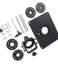 Pro Grade Durable Aluminum Router Lift For Woodworking Tables With Sweet Micro Adjustment Capabilities And Four Insert Rings For Dead Accurate Depth Control components laid out, including router lift plate and insert rings.
