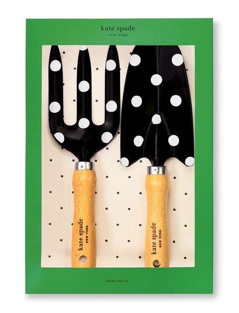 Two Piece Garden Tool Set With Hand Rake And Trowel Durable Carbon Steel Blades Smooth Wooden Handles With Hanging Holes Perfect Mother's Day Gift Cute Picture Dot Design For Practical Gardeners, in packaging