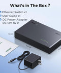 Five Port 2.5Gb Ethernet Switch with power adapter and user guide, compact design for NAS, PC, game console, home network use