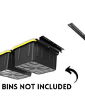 Overhead Bin Rack For Three Bins Ceiling Mounted Garage Storage Rack With Adjustable Width installed with two black and yellow totes